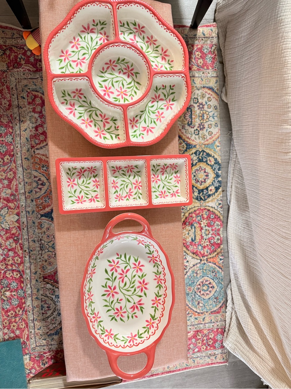 3 Pc Acrylic Floral Serving Set Chip & Dip Tray Platter Outdoor Indoor Coral Pin